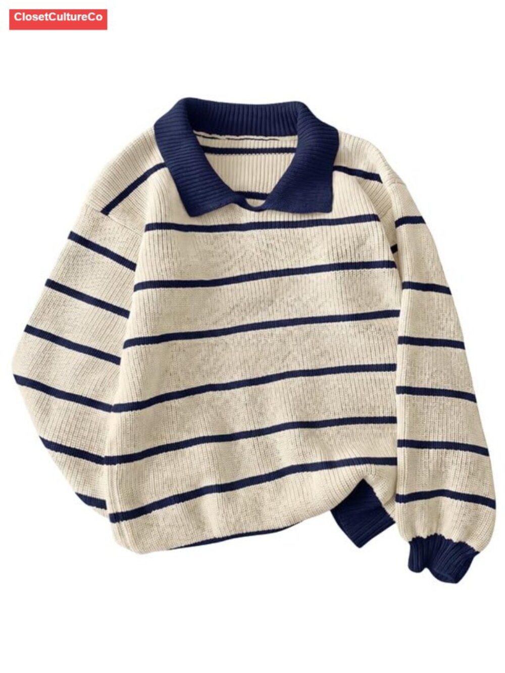 Oversized Collared Striped Knit Pullover Sweater Cotton Blend Fall Cozy